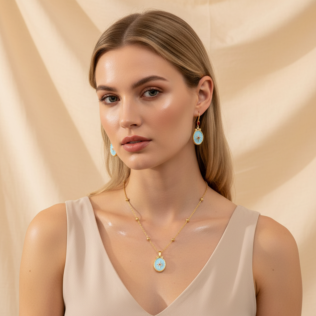 2-piece Set Simple Style 18k Real Gold 304 Stainless Steel Oil Drop Oval Star Cross Ball Chain Earrings Necklace Set