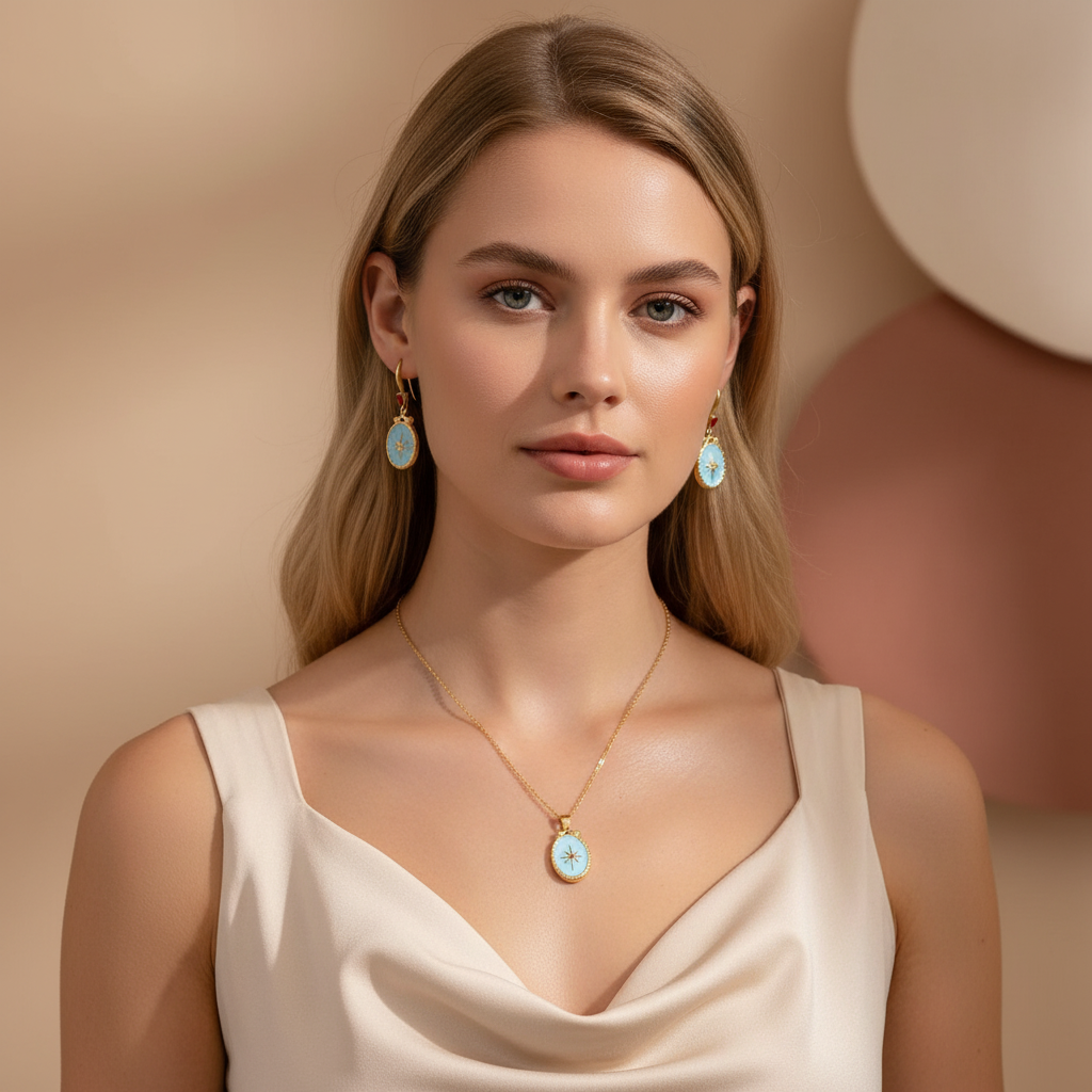 2-piece Set Simple Style 18k Real Gold 304 Stainless Steel Oil Drop Oval Star Cross Ball Chain Earrings Necklace Set