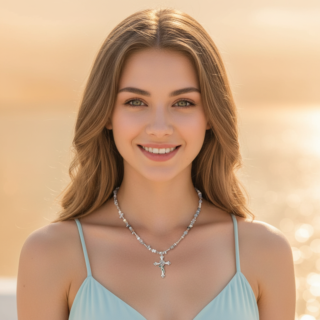 European Style Rose Flower Cross Pendant Necklace Crystal Beads Chain Link Simple Zinc Alloy Minimalist Design Jewelry